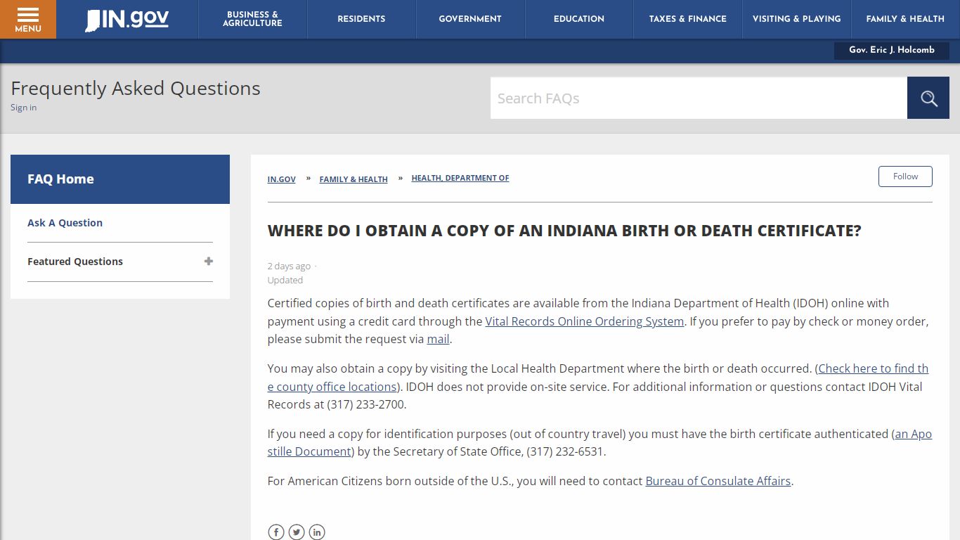 Where do I obtain a copy of an Indiana birth or death certificate?